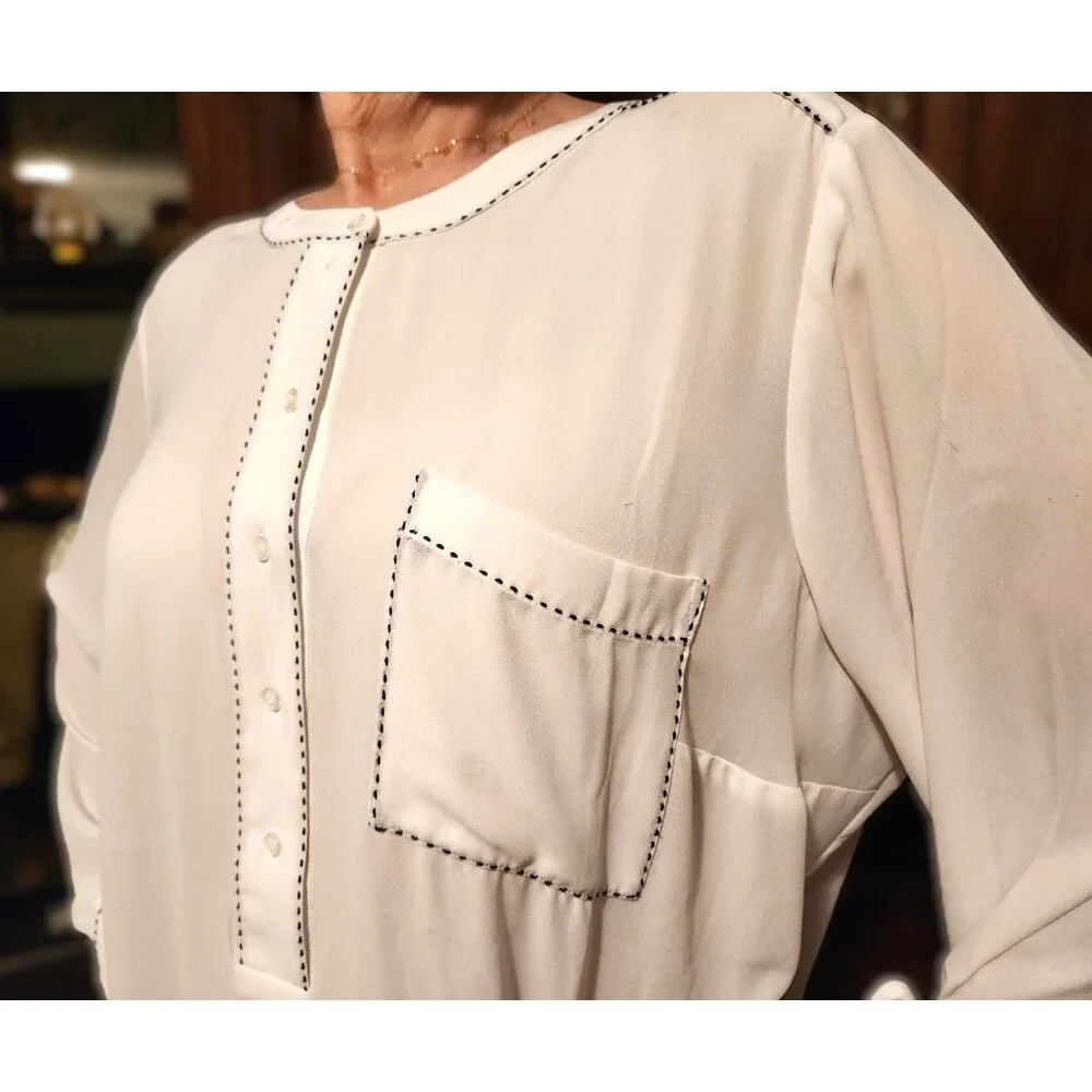 Lane Bryant Lng Slv Chiffon Blouse Pocket White w/ Black Whip Stitching Sz 18/20 - Picture 4 of 12